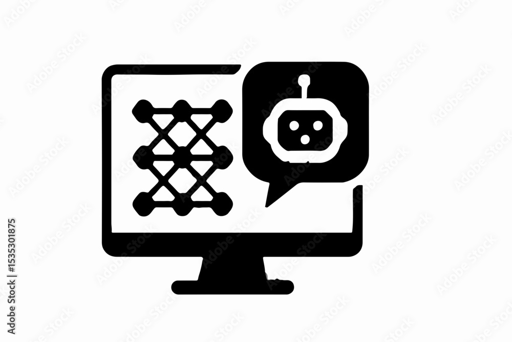 Fototapete Artificial Intelligence and Machine Learning on a Computer A Black and White Icon Representing Neural Networks and Chatbots in Modern Technology and Communication Systems This