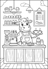 Anthropomorphic Animals, coloring page, Serving smiles with every cup, this cow barista makes perfect lattes.