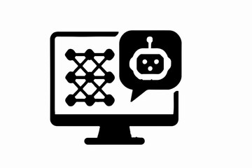 Artificial Intelligence and Machine Learning on a Computer A Black and White Icon Representing Neural Networks and Chatbots in Modern Technology and Communication Systems This