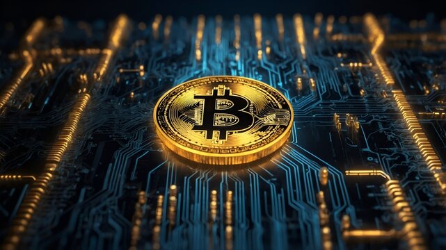 3D glowing golden Bitcoin coin floating in a dark digital matrix with binary code and circuit patterns, showcasing a futuristic, high-tech cryptocurrency concept.