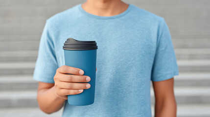 Person in blue shirt holding reusable water bottle with lid, standing outdoors on steps, promoting eco friendly lifestyle and sustainability