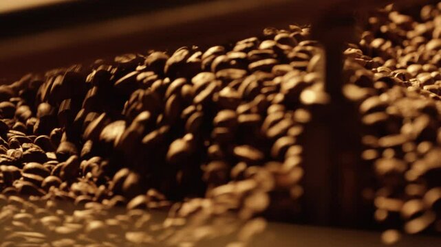 Professional coffee roaster mixing warm, roasted coffee beans, revealing rich brown color and distinctive texture during artisan roasting process with deep, aromatic characteristics