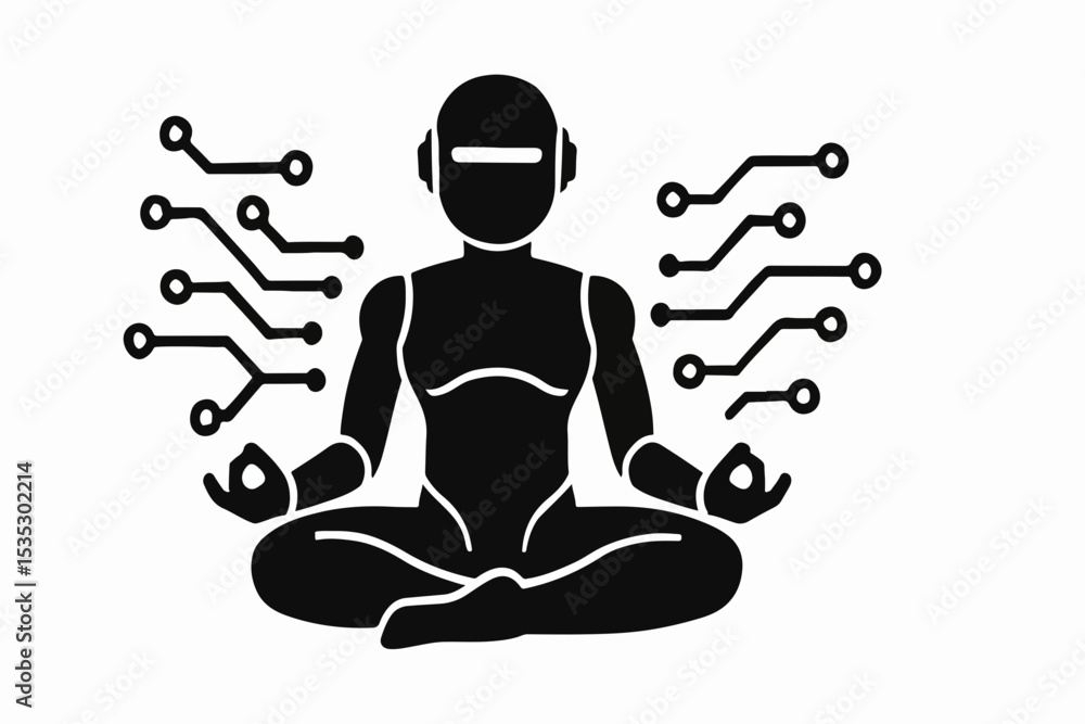 Poster ai meditation a robot in lotus position surrounded by circuitry representing artificial intelligence
