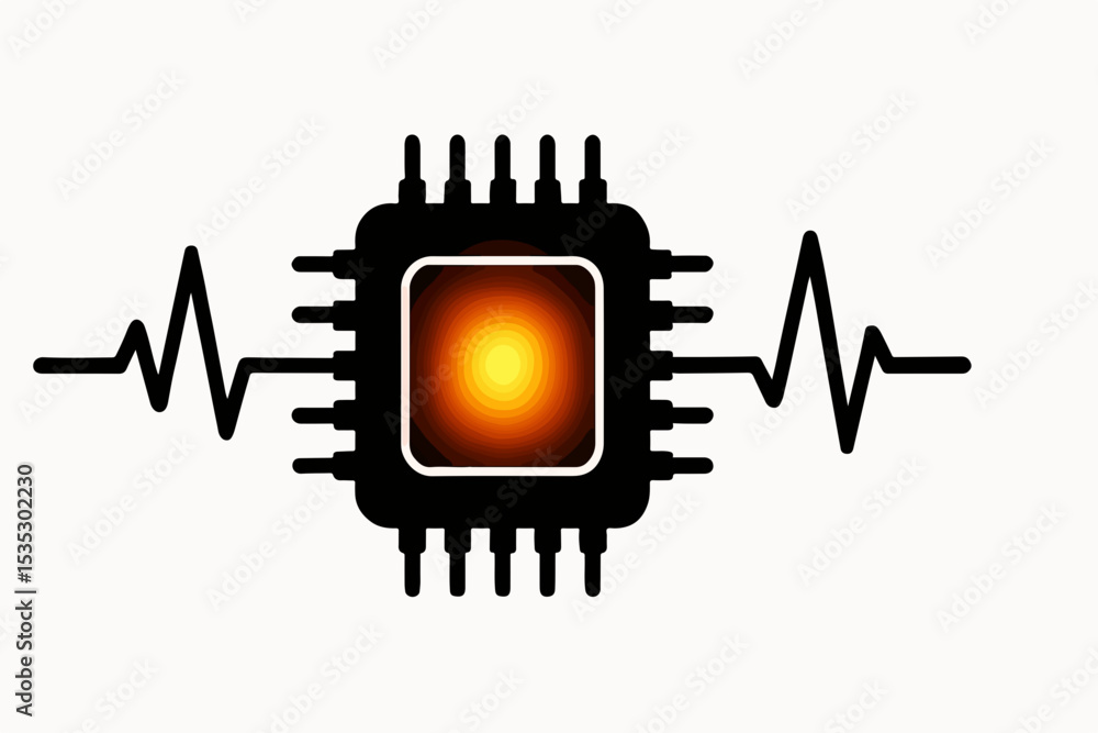 Poster digital health a stylized graphic depicting a computer chip with a glowing center flanked by a heart