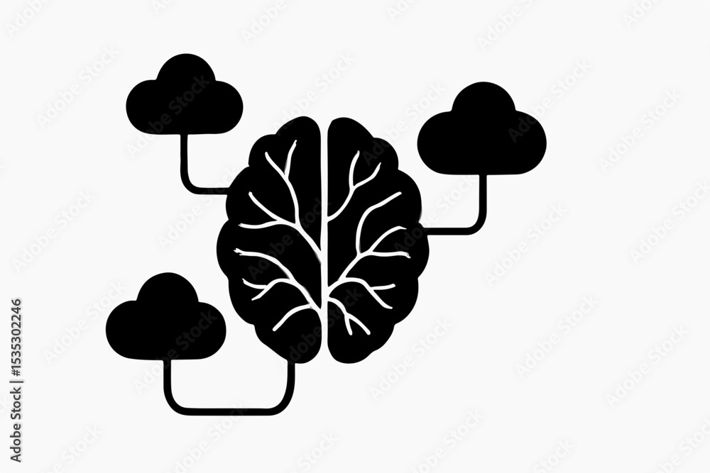 Poster a stylized brain icon connected to three cloud icons symbolizing cloud computing data storage and ar