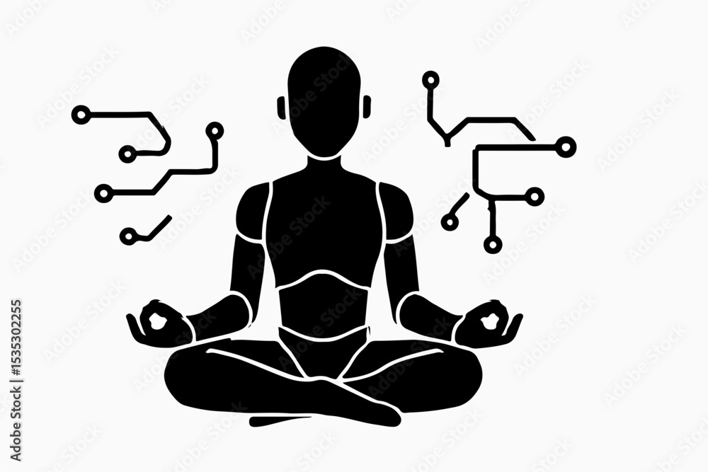 Poster artificial intelligence and mindfulness a meditating robot with circuitry accents representing the h