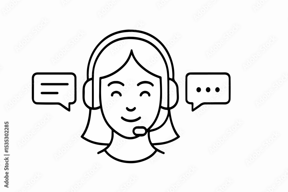 Poster line art illustration of a customer service representative with headset and speech bubbles ideal for