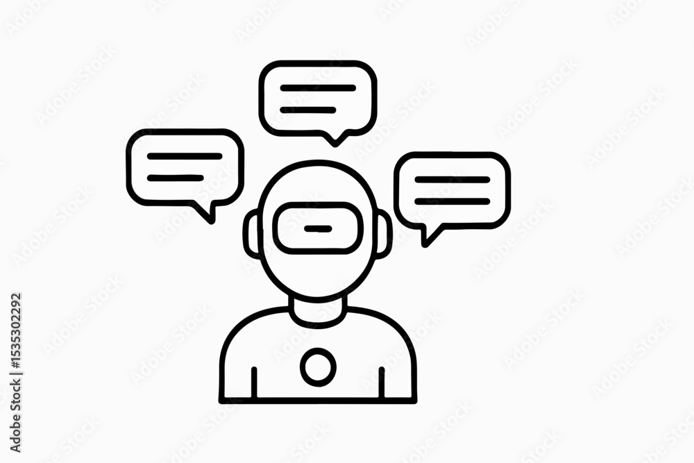 Poster line art illustration of a futuristic robot with speech bubbles symbolizing ai communication chatbot