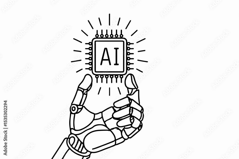 Poster robotic hand holding an ai chip a futuristic depiction of artificial intelligence and technological 