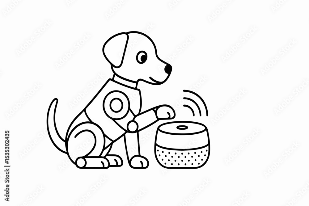 Poster line art depiction of a robot dog interacting with a smart speaker illustrating technology and compa