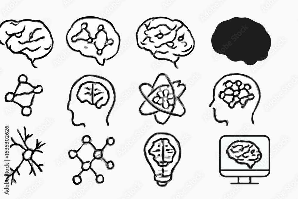 Poster a collection of brain and science related icons exploring the mind innovation and scientific concept
