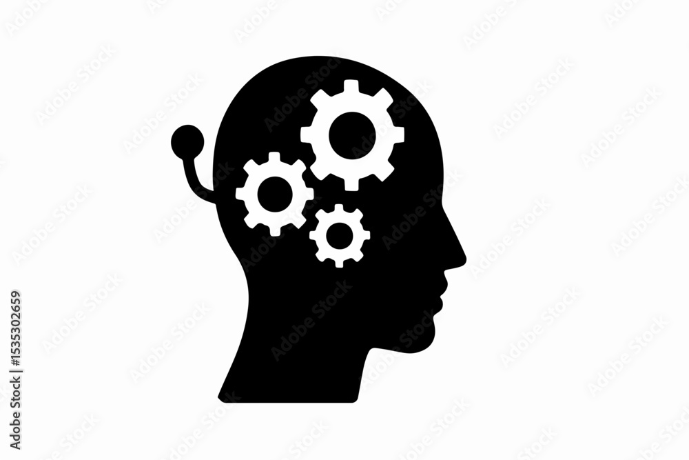 Poster conceptual illustration of human mind processing with gears and a sensor representing artificial int