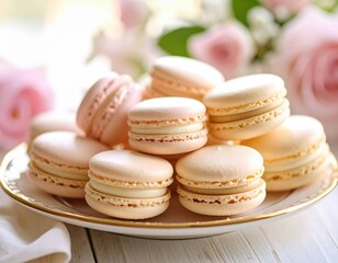 Fototapeta premium Stacked Pink Macaroons On Plate With Roses