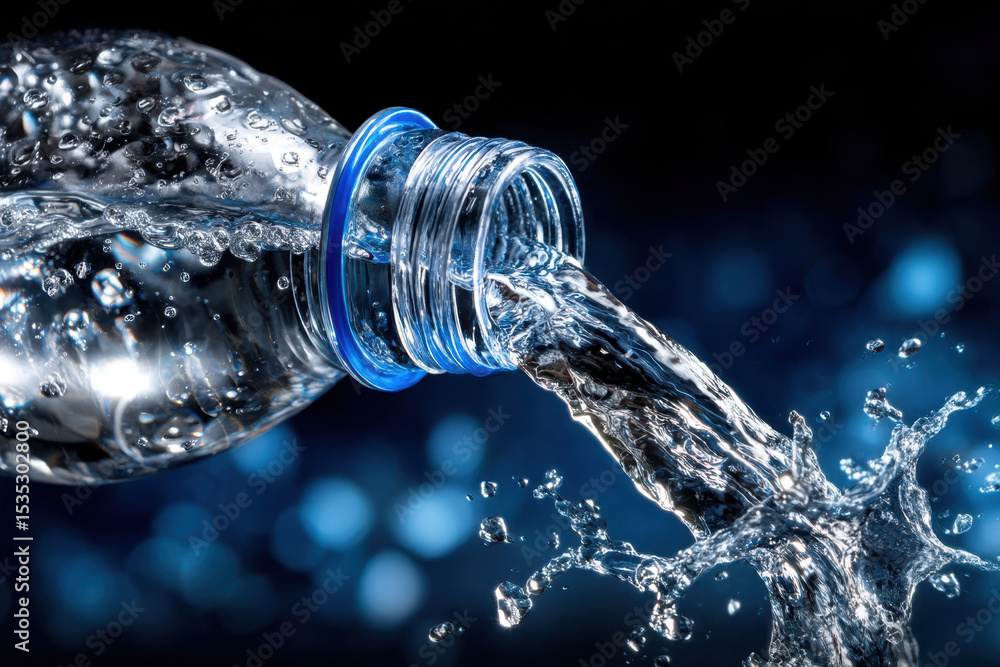 Poster water pours from a clear bottle creating splashes and droplets in an artistic display