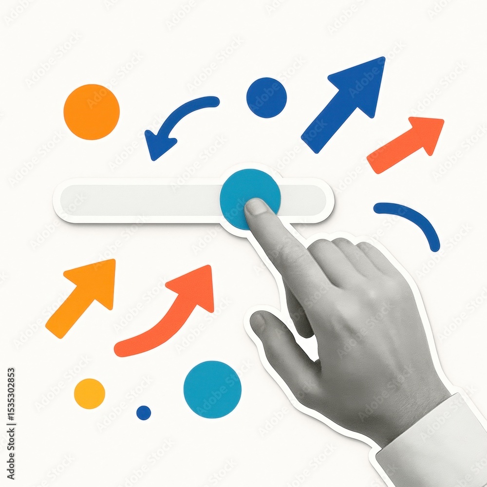 Poster interactive interface with hand gestures and colorful icons showcasing technology and user experienc