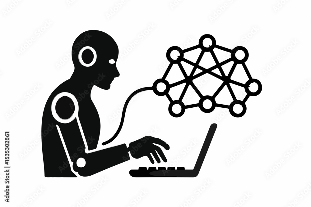 Poster artificial intelligence and neural network connection a black and white illustration of a humanoid f