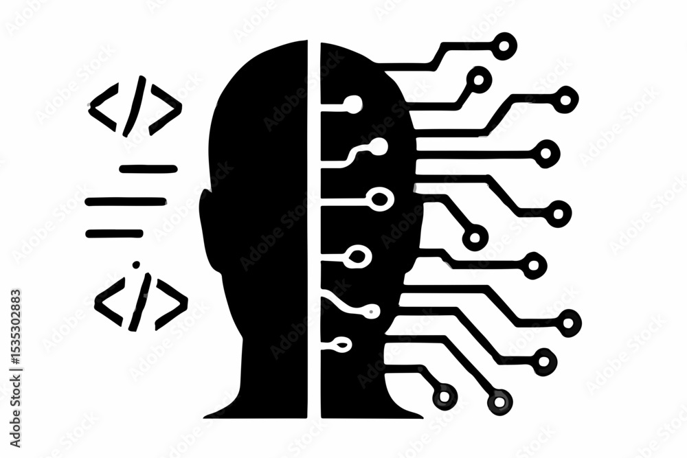 Poster artificial intelligence and coding a conceptual illustration of human and machine integration featur