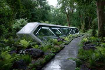 Modern architectural structure blends with lush woodland environment and greenery