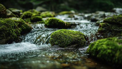 A close-up of moss-covered rocks by the stream, with water flowing over them and splashing around