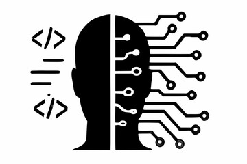 Artificial Intelligence and Coding A Conceptual Illustration of Human and Machine Integration Featuring a Human Head Profile Merged with Circuitry and Code Symbols Representing Technological