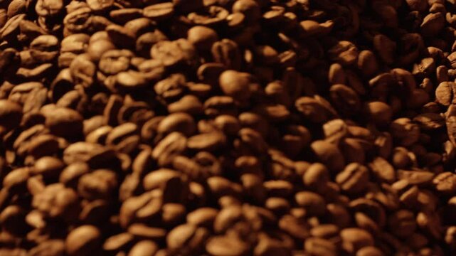 Professional coffee roaster mixing warm brown roasted coffee beans, revealing intricate stages of roasting process with detailed close up view showing texture and color transformation