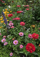 Fototapeta premium Vibrant summer garden with colorful zinnias and lush greenery in bloom