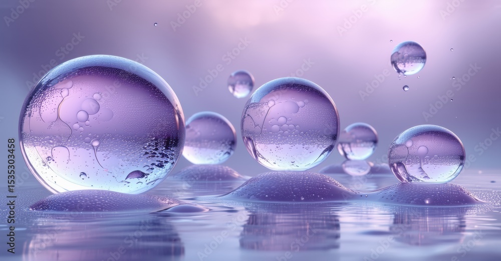 Poster bubbles float upon water surface. lilac hues dominate scene, creating ethereal, dreamy effect. refle