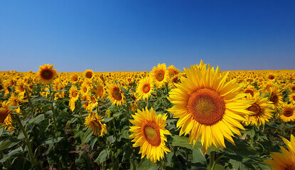 A large field of sunflowers under the clear blue sky