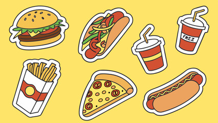 Colorful Fast Food Stickers Burger, Pizza, Hot Dog, Fries, and More