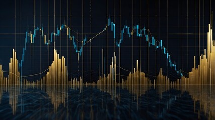 Digital visualization of Bitcoin’s rising price trends with golden and blue graphs over a dark backdrop, enhanced by faint blockchain motifs, representing crypto market dynamics.
