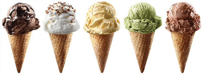 A set of ice cream cones with different flavors and decorations, isolated on a white background