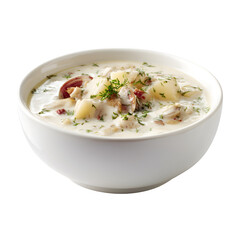 New England clam chowder with chunks of clam and potato, creamy texture, served in a deep white bowl, isolated on white background