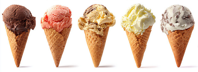 A set of ice cream cones with different flavors and decorations, isolated on a white background