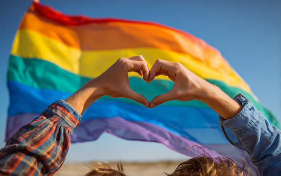 pride rainbow flag lgbtq hands making heart shape support diversity equality love against blue sky