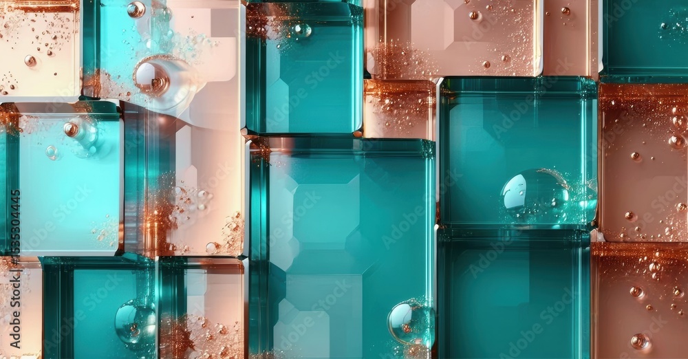 Poster abstract geometric pattern. cubes, spheres, liquid inside. teal, peach colors create modern aestheti