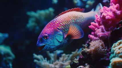 Obraz premium A school of freshwater fish swimming gracefully in a crystal-clear river, surrounded by rocks and aquatic plants