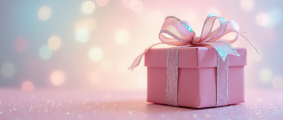  Beautifully wrapped gift box with iridescent bow against pastel, sparkling background. ideal for holiday celebrations, giftthemed designs, and festive greeting cards