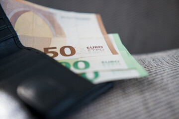 Money, banknotes in wallet, euros.
