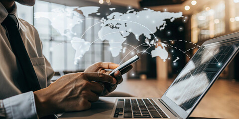 Businessman Using Laptop and Mobile on Global Network for Enhanced Communication