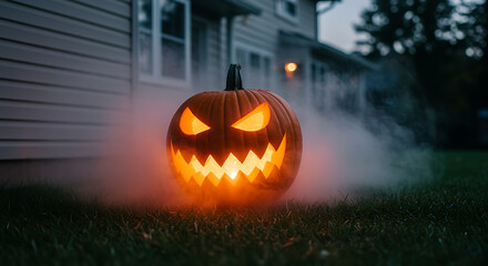 Glowing jack o'lantern halloween pumpkin with sinister face and spooky smoke at dusk, halloween, pumpkin, jack o lantern, carved, face, spooky, scary, glowing, light, orange, autumn, fall, holiday, se