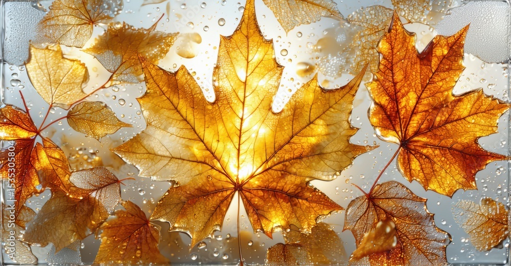 Poster autumn leaves pressed within glass. water droplets add texture, creating warm golden tones, soft lig
