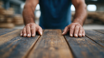 Craftsman with strong hands carefully inspects rustic wooden table surface, focusing on texture and quality in workshop environment, evoking dedication and skill