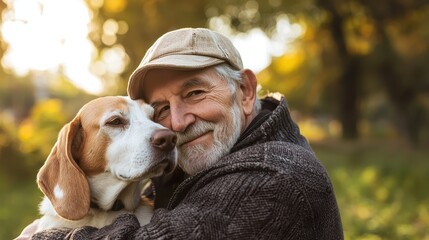 Elderly Man Walking Adopted Dog in Park