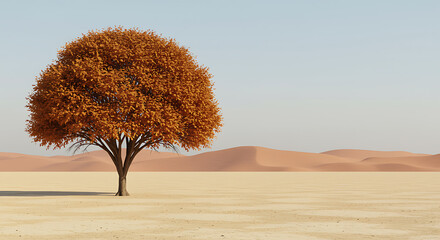 Isolated tree in desert landscape with orange autumn foliage under clear blue sky