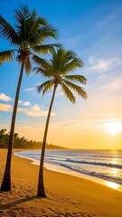 Two Tall Palm Trees on a Golden Tropical Beach at Sunset, 4k 