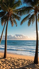 Two Tall Palm Trees Framing a Tropical Beach and Ocean View, 4k 
