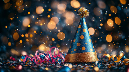 Festive party hat surrounded by confetti and streamers on a dark background with bokeh lights.