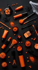 Halloween themed makeup cosmetics arrangement orange colors on dark background flat lay, halloween, makeup, cosmetics, orange, black, flat lay, beauty, products, brush, lipstick, eyeshadow, compact, m