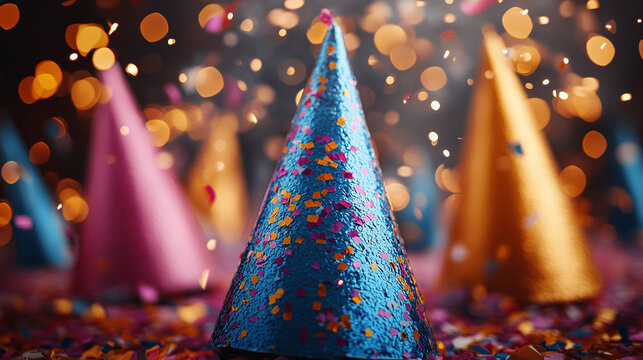 Festive party hats amidst confetti and bokeh lights.