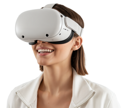 Young Woman Smiling in Modern White VR Headset